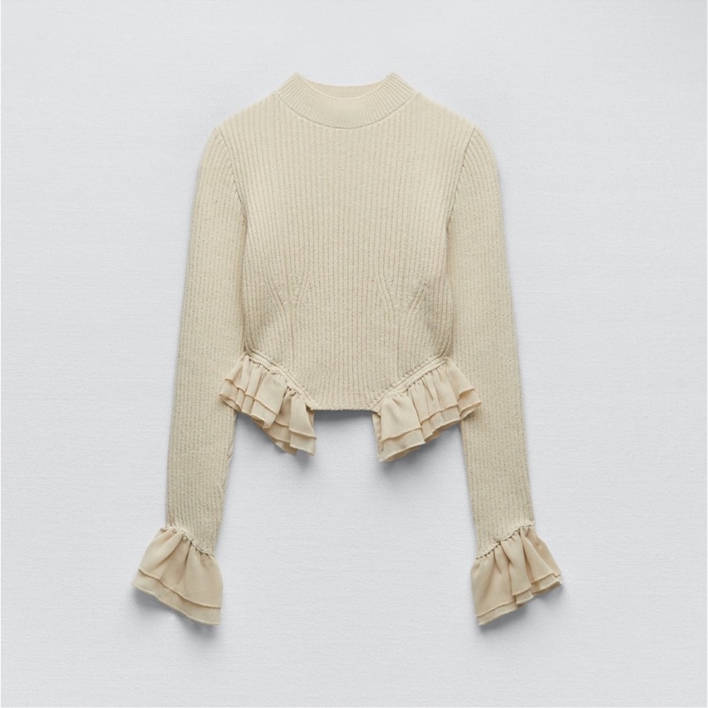 Zara elegant cropped flirty Cream Ruffle Sweater Top size M